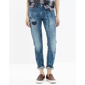 Madewell dark blue distressed faded denim rip and repair Slim straight Boy jeans